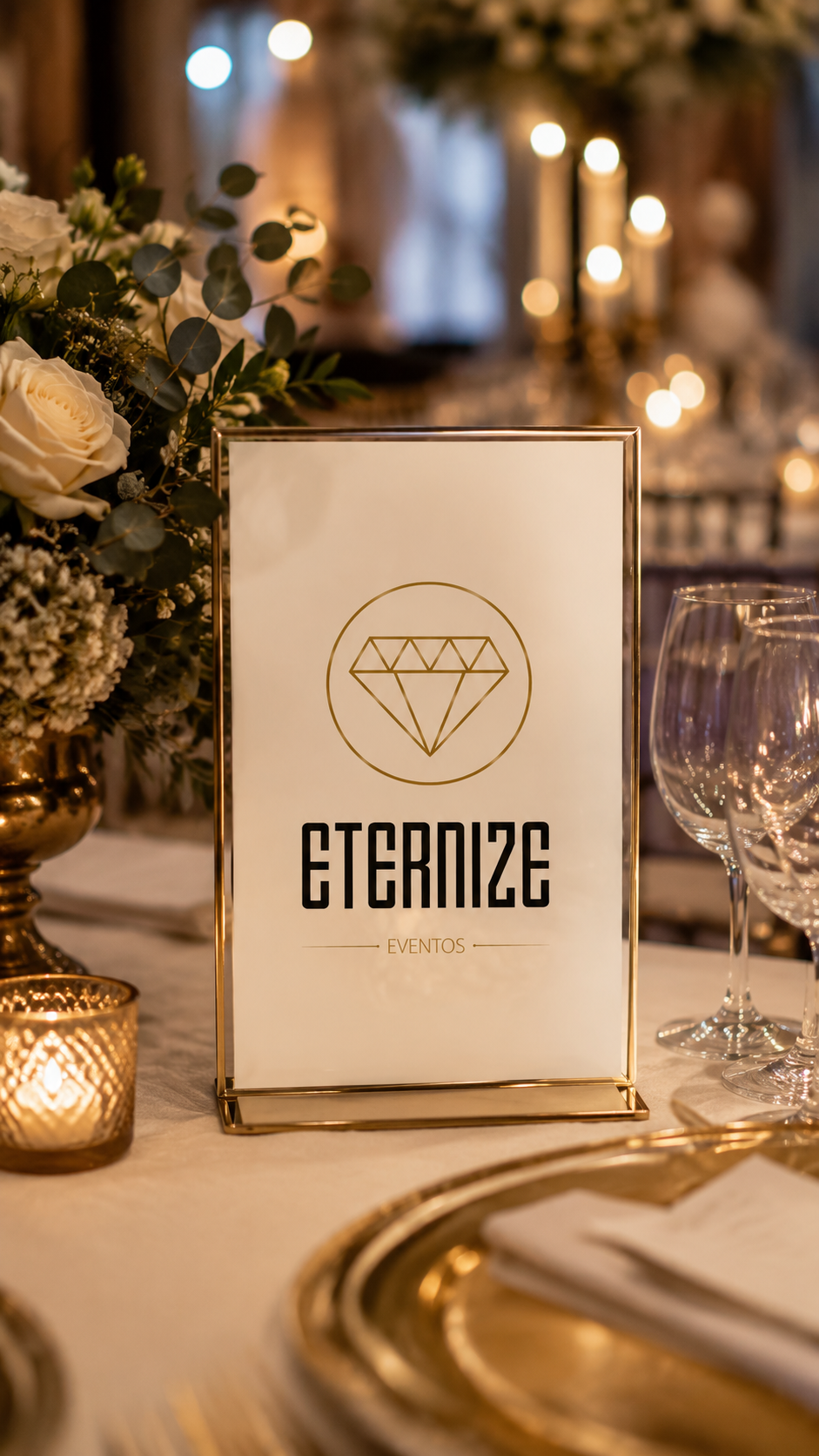 Identidade visual Eternize Eventos aplicada em mesa de evento