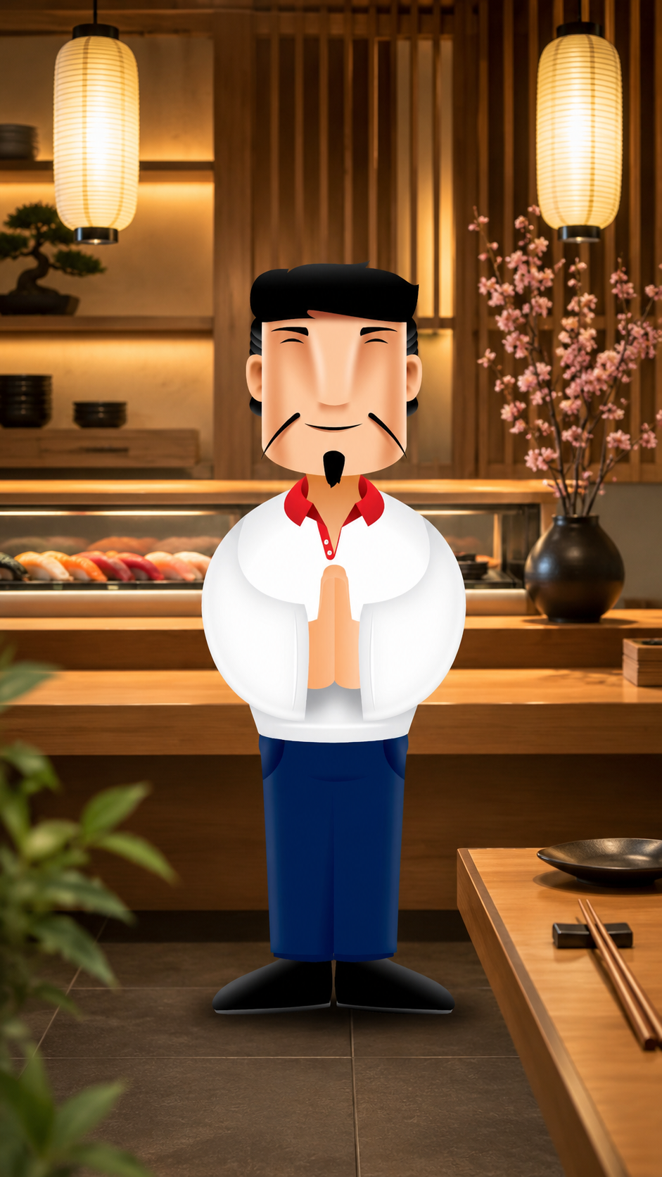 Mascote de restaurante aplicado em ambiente gastronômico