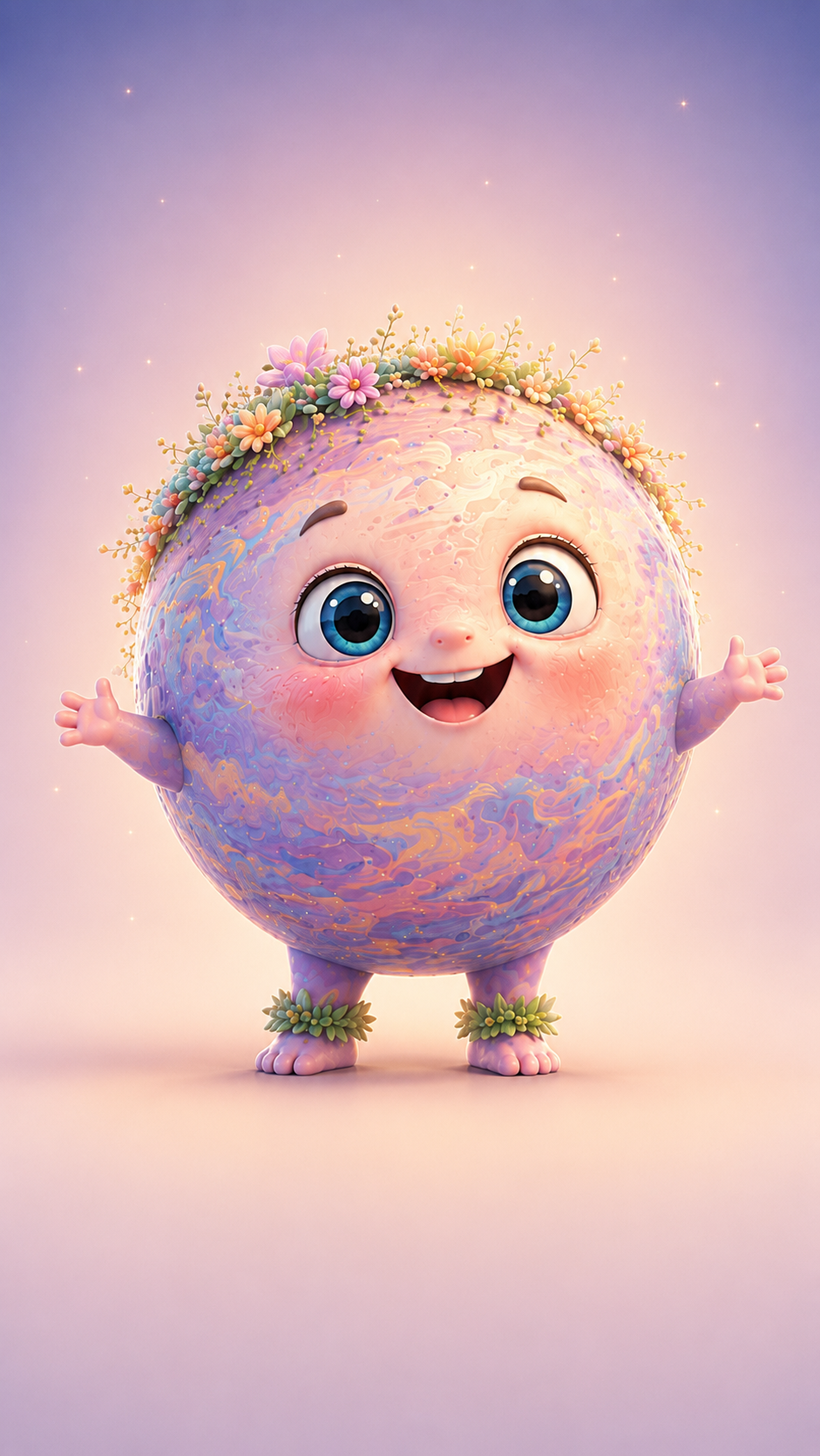 Personagem ilustrado com flores em tons suaves