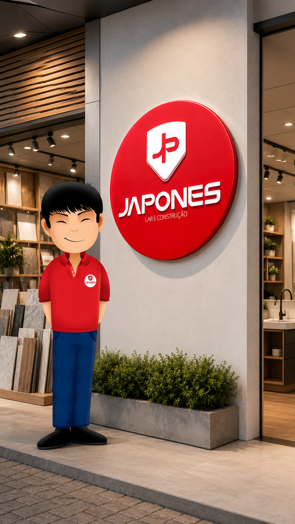 Mascote da Japones Lar e Construção aplicado em ambiente de loja