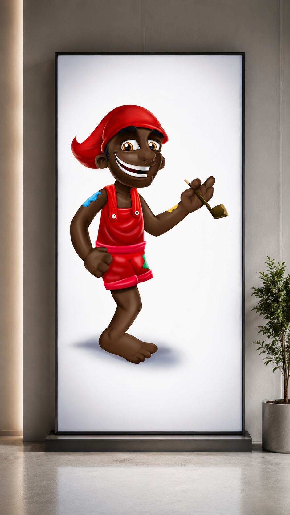 Mascote Saci apresentado em painel de comunicação visual