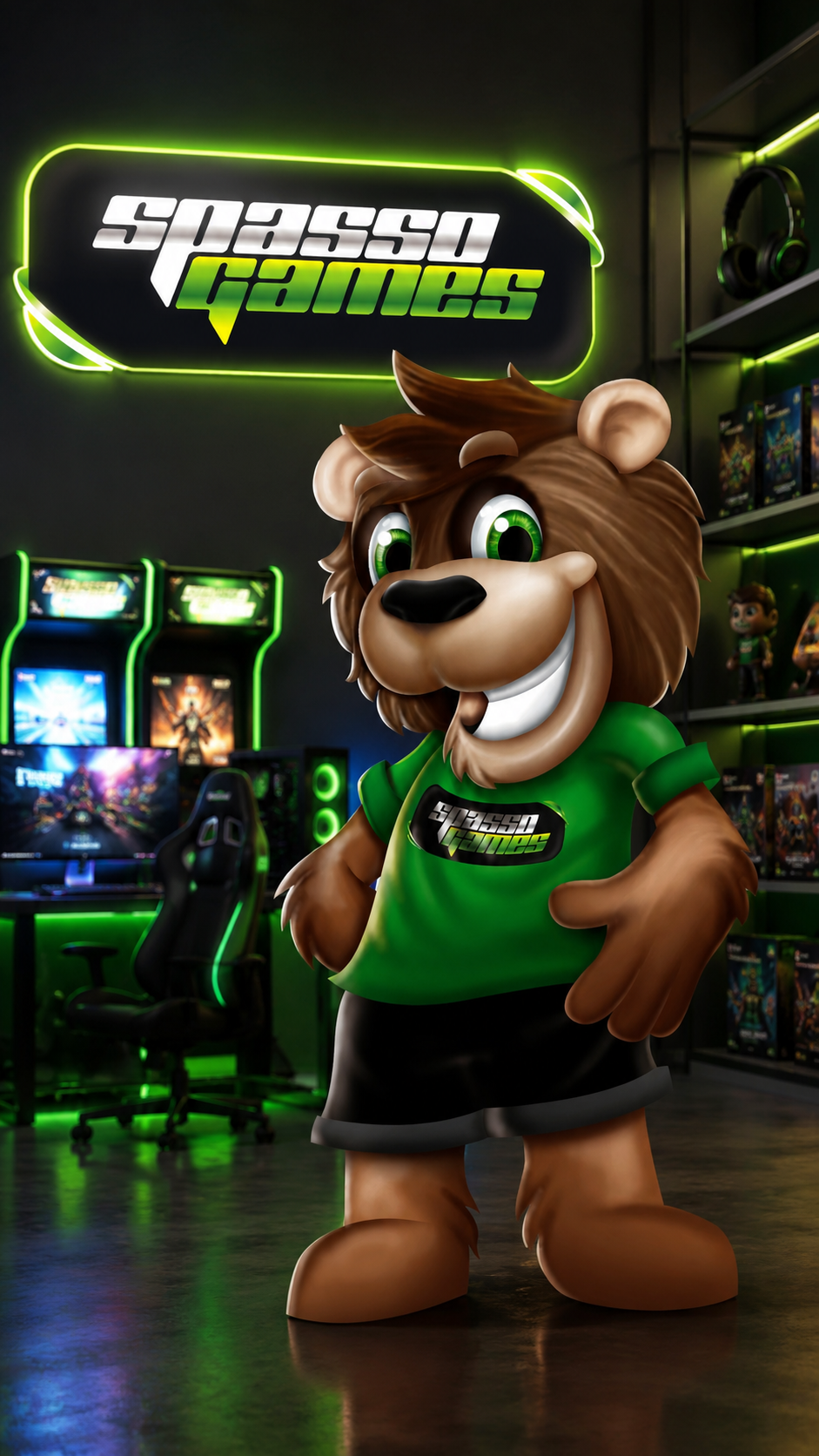 Mascote da Spasso Games aplicado em ambiente gamer